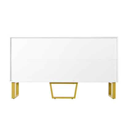 Dressoir – Sideboard – Opbergkast – Kast – Buffetkast – Wit Hoogglans – Geometrische Deuren – 140x40x80 cm – Metalen Handgrepen – Metalen Pootjes