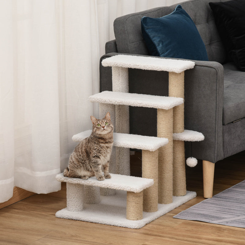 Huisdierentrap – Dierentrap – Hondentrap – Kattentrap – Huisdierenladder – Stevige MDF Trap – Met Pluche Bekleding en Sisal Krabpaal – 60x40x64 cm – Wit/Beige