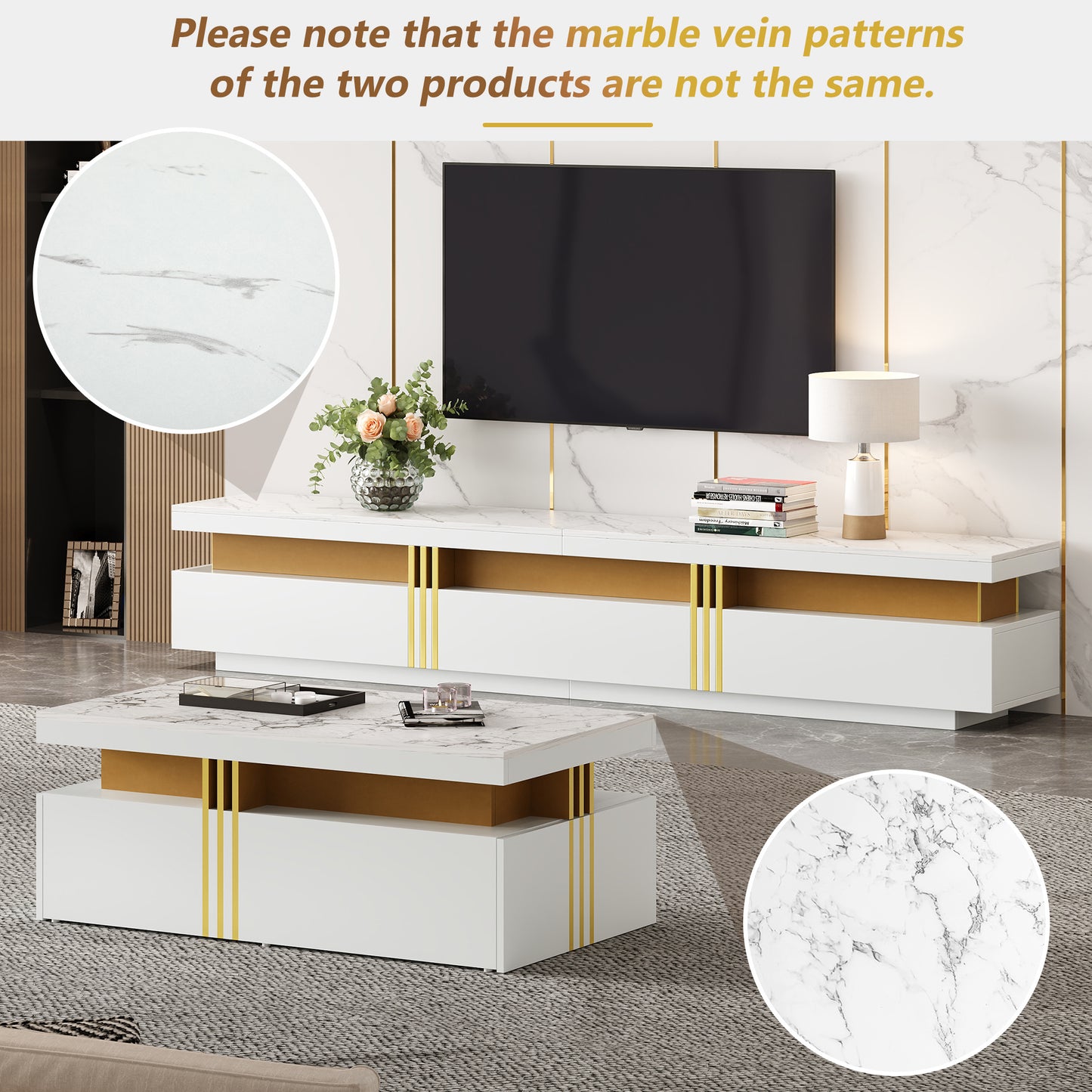 Tv Meubel – TV Kast – TV Meubels – TV Dressoir – TV Kasten – Marmerlook Hoogglans – Voor TV Tot 90 Inch – Inclusief Salontafel