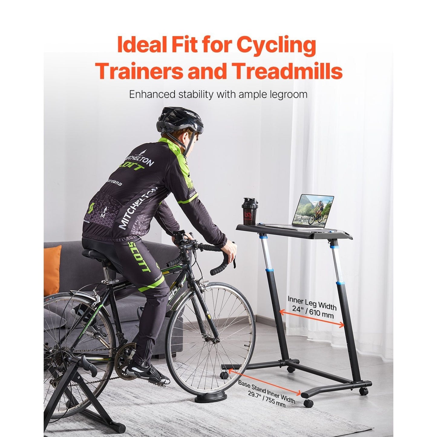 Fiets Bureau – Fiets Tafel – Hometrainer Tafel – Trainingsbureau – Fiets Trainer Desk – Verstelbaar 80-113,5 cm – Draaggewicht Tot 20 kg – Mobiel Met Remmen