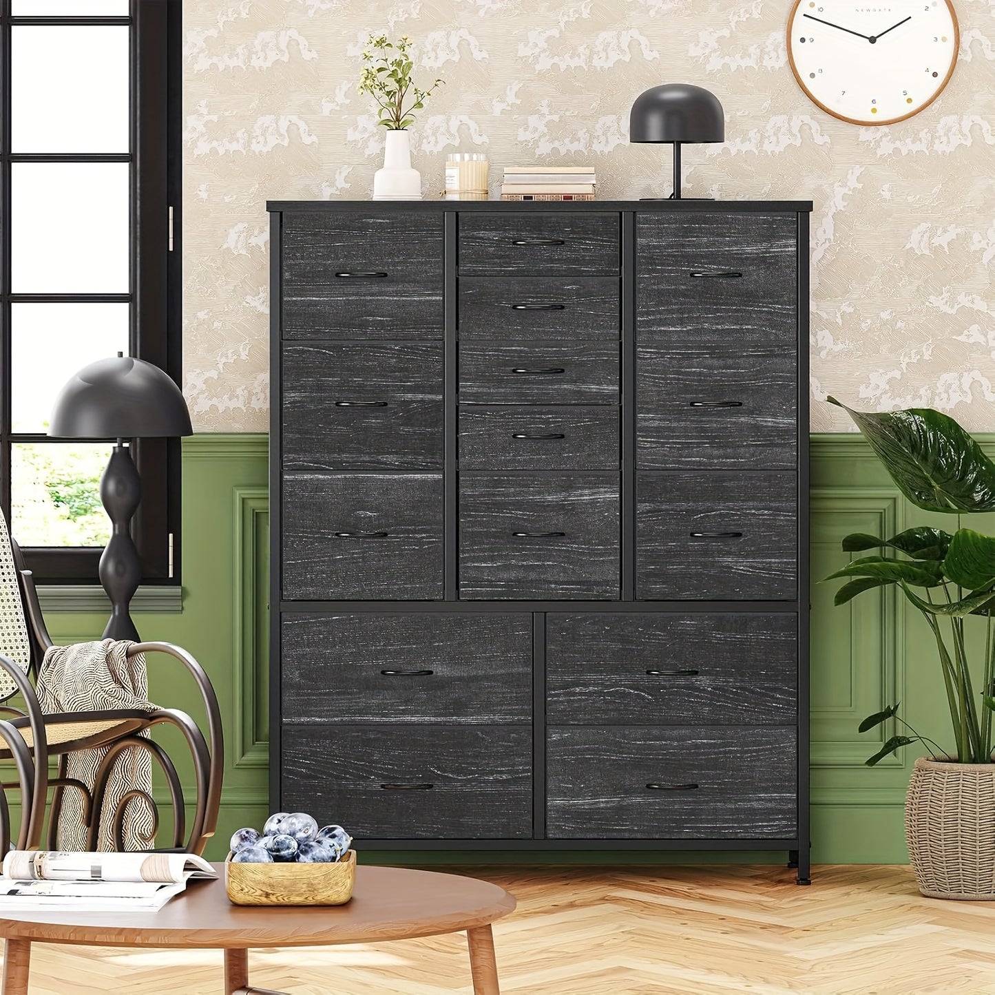 15-Laden Kast – Opbergkast – Ladekast – Dressoir – Organiser – Metaal & Stof – 15 Ruime Laden – Verstelbare Plastic Pootjes – Rustiek Design – 112 cm Breed – Zwart