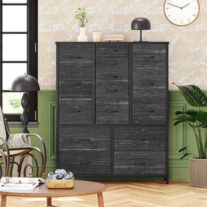 15-Laden Kast – Opbergkast – Ladekast – Dressoir – Organiser – Metaal & Stof – 15 Ruime Laden – Verstelbare Plastic Pootjes – Rustiek Design – 112 cm Breed – Zwart