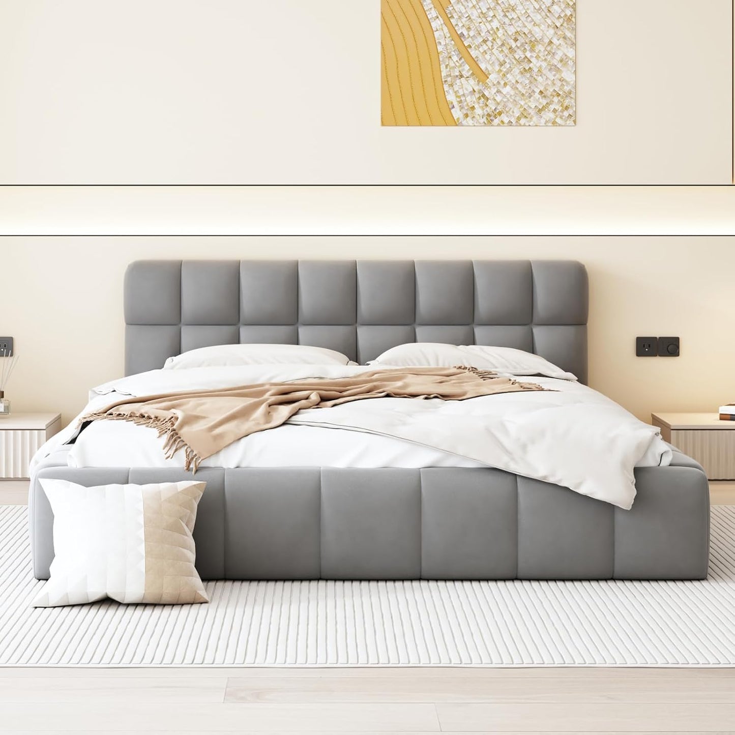 Tweepersoonsbed – Gestoffeerd Bed – Bedframe – Slaapbank – Boxspring – 140x190 cm – Ademend Linnen Stof – Comfortabel Hoofdbord