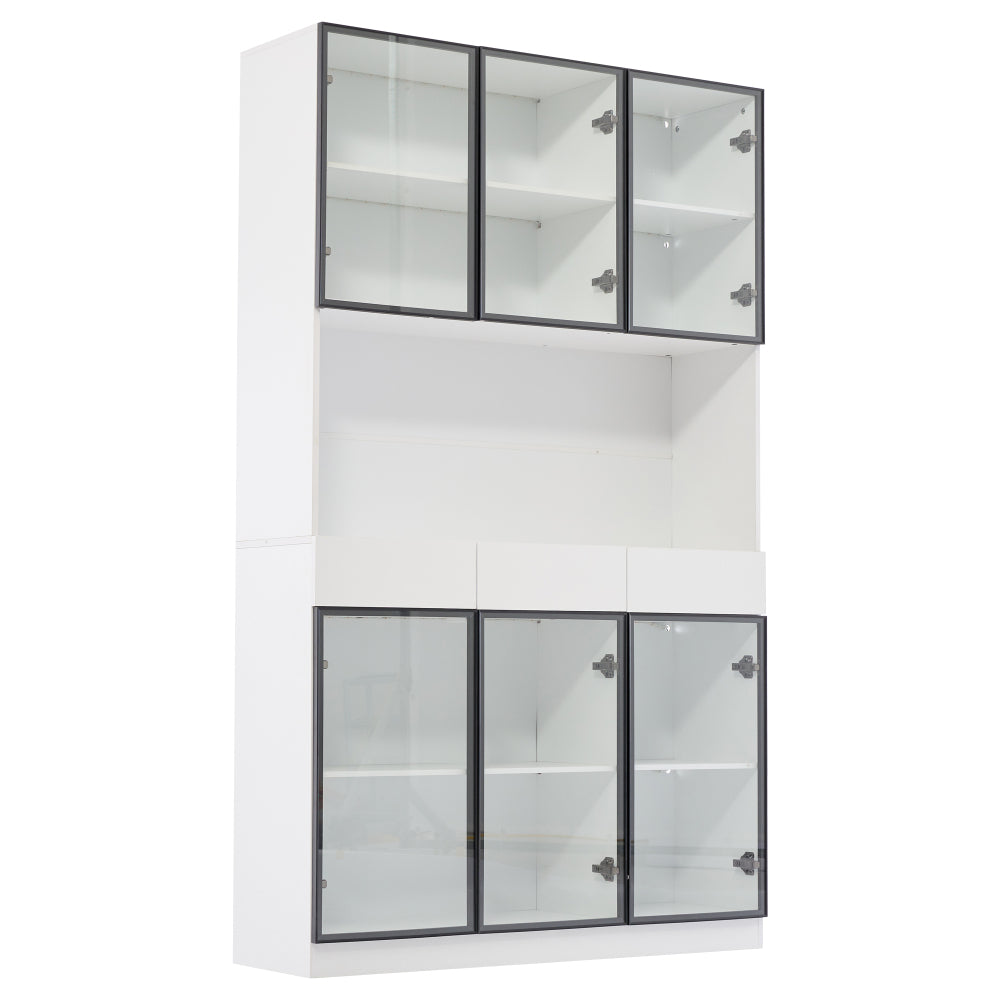 200 cm High Glass Cabinet Doors | White Multi-Tiered Storage Bookshelves with Black and White Door Frames, Suitable for Collectibles, Bedrooms, Living Rooms, and Offices, Contemporary Style, Metal Material