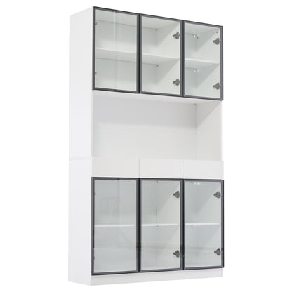 200 cm High Glass Cabinet Doors | White Multi-Tiered Storage Bookshelves with Black and White Door Frames, Suitable for Collectibles, Bedrooms, Living Rooms, and Offices, Contemporary Style, Metal Material