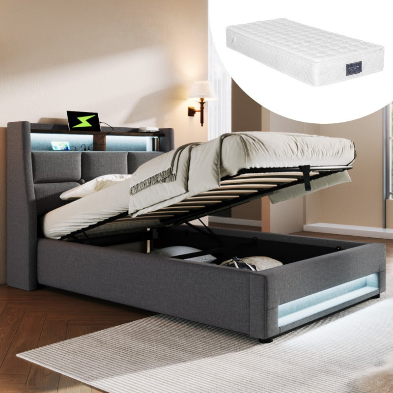 Single Bed with Metal Frame and Linen Fabric, 90x200cm, Includes Mattress