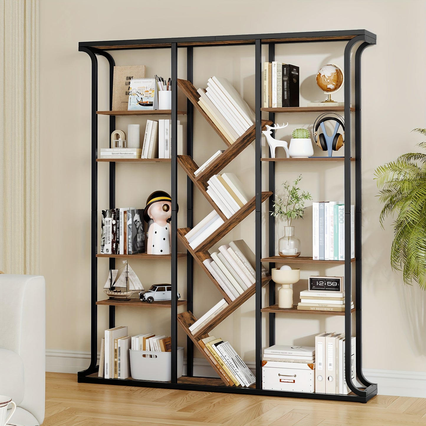 Bookshelf, 3 Columns 6 Tier Tree-Shaped Bookcase, 17 Compartments Open Independent Shelves, for Home Office, Bedroom, Living Room, 24 X 156 X 180cm