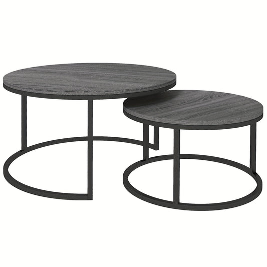 Salontafel – Koffietafel – Bijzettafel – Woonkamertafel – Tuintafel – Set Van 2 Ronde Tafels – Stapelbaar Metaal Frame – Houtlook Zwart