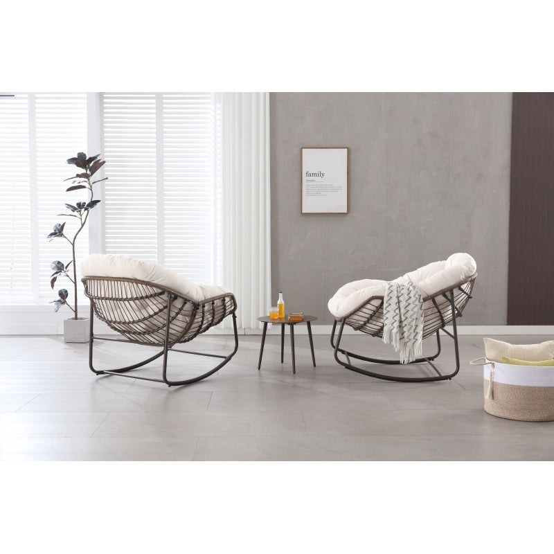 Schommelstoel – Relaxstoel – Fauteuil – Loungestoel – Tuinstoel – Oversized Ei-Vorm – 15,24 cm Dikke Kussen – Poedergecoat Stalen Frame & Handgevlochten Wit Rattan