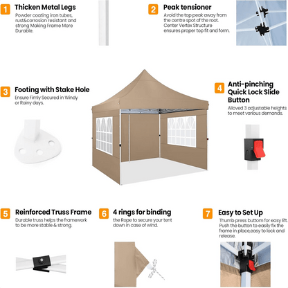 3.05x3.05meter Pop-Up Tent With 4 Removable Sidewalls, Awning With 4 Sandbags, UPF 50+, With Clear Windows, Pop-Up Canopy Tent, Easy To Set Up, With Carrying Storage Bag For Parties, Trade Shows, Sporting Events, Disaster Rel
