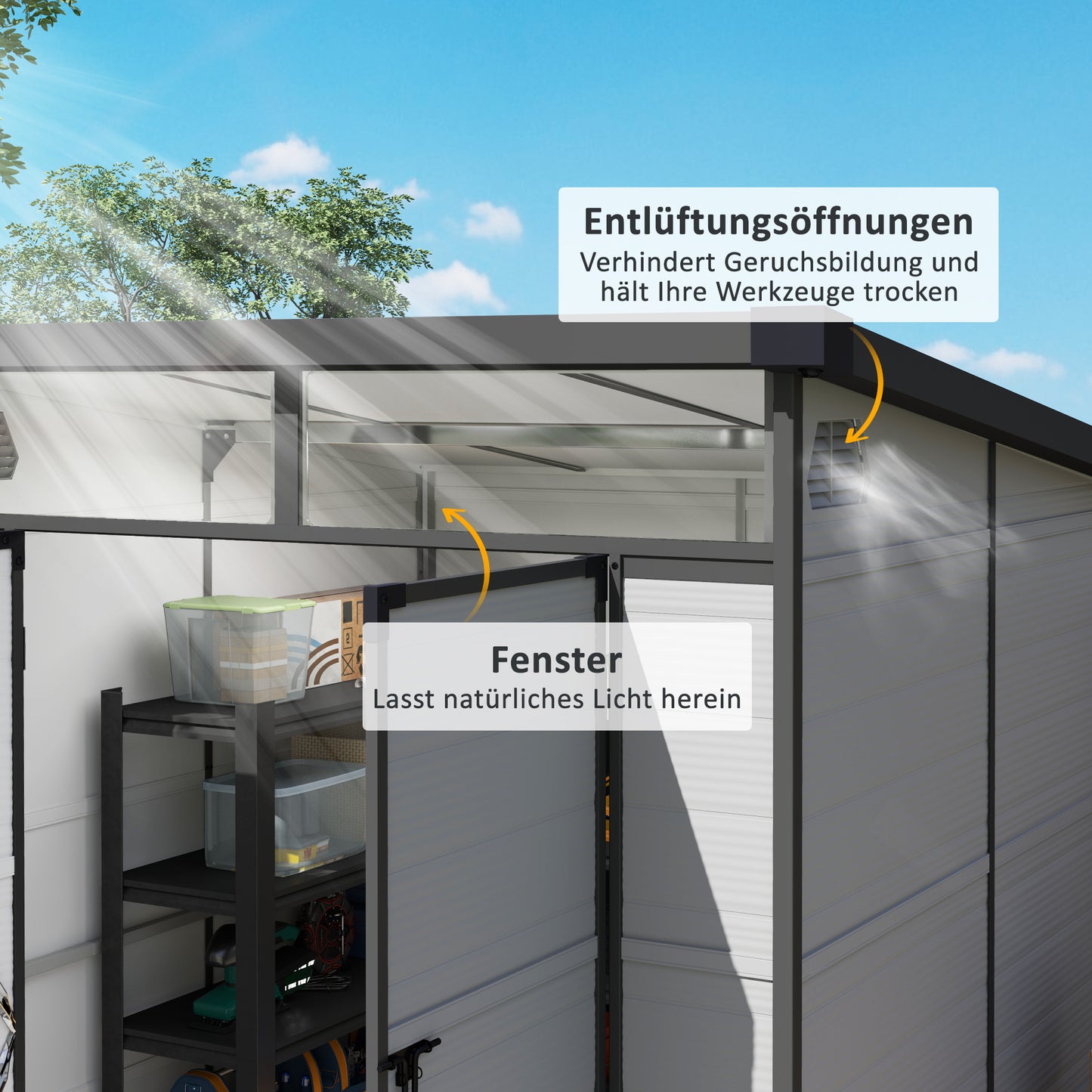 Tuinkast – Berging – Opbergkast – Tuinschuur – Tuinberging – Kunststof – Weerbestendig – Ruim 3,24 m³ – Lichtgrijs met Dubbele Draaideuren