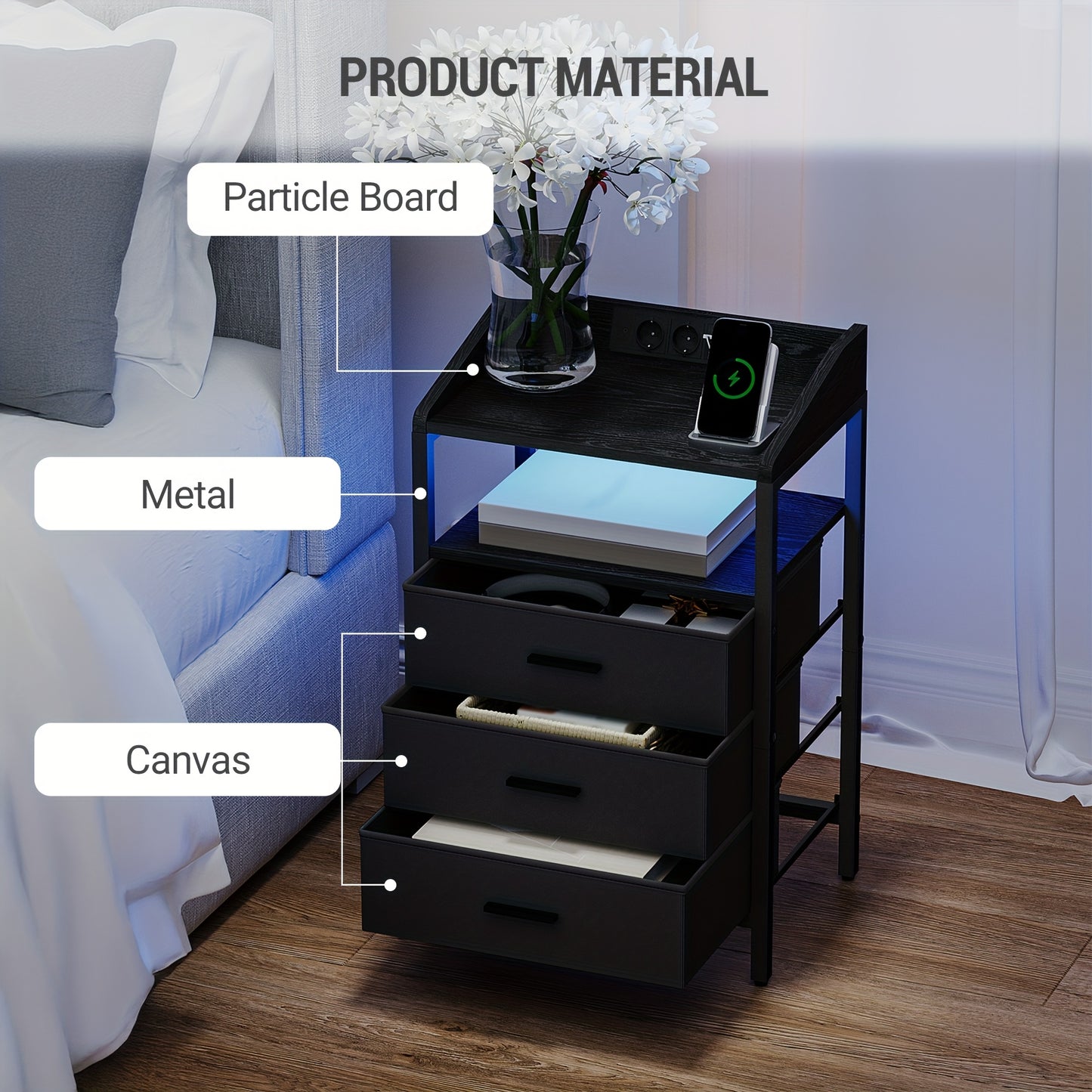 Nachtkastje – Nachtkastjes – Bedkastje – Bijzettafel – Opbergkastje – Set van 2 – LED Verlichting – Oplaadstation met USB en Stopcontacten – Modern – Zwart/Wit