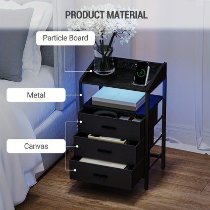 Nachtkastje – Nachtkastjes – Bedkastje – Bijzettafel – Opbergkastje – Set van 2 – LED Verlichting – Oplaadstation met USB en Stopcontacten – Modern – Zwart/Wit