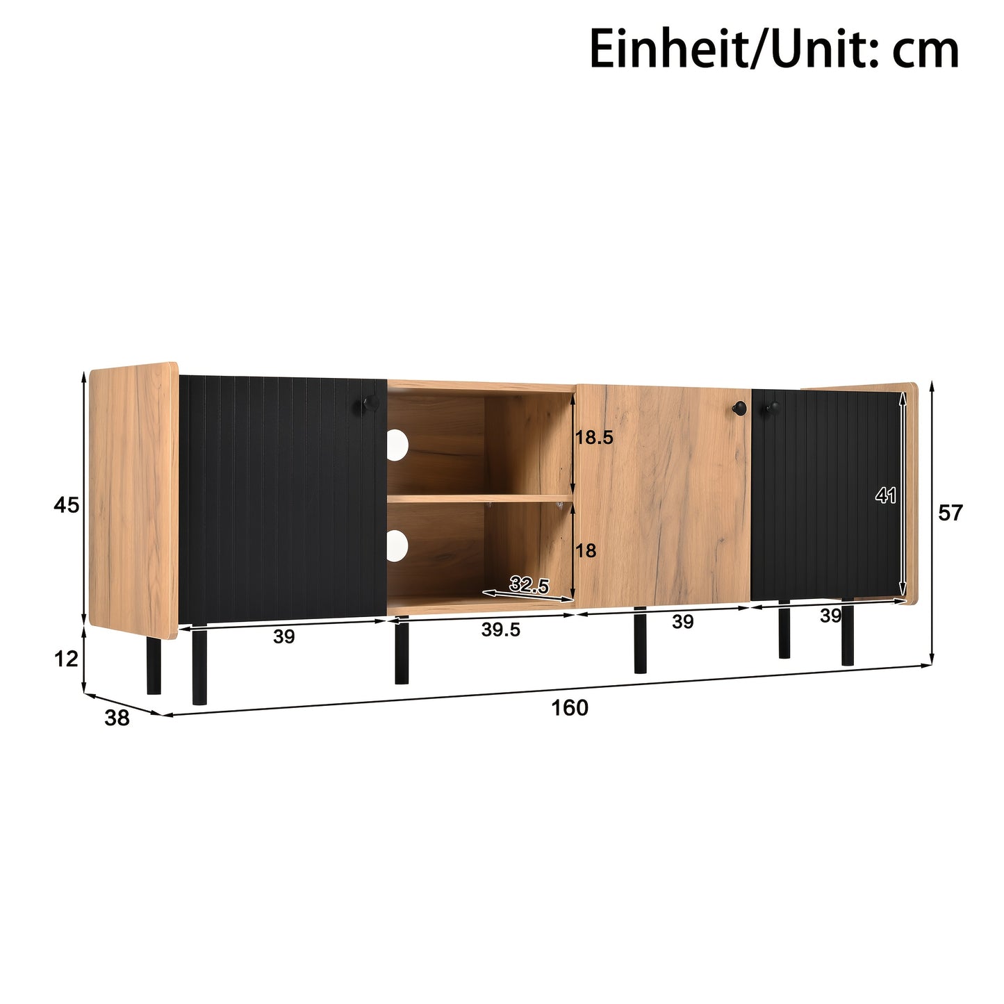 tv meubel – tv kast – tv dressoir – tv console – tv meubelen – modern design – 160 cm breed – geschikt voor tv tot 65 inch – stevige constructie – drie deuren en open vakken