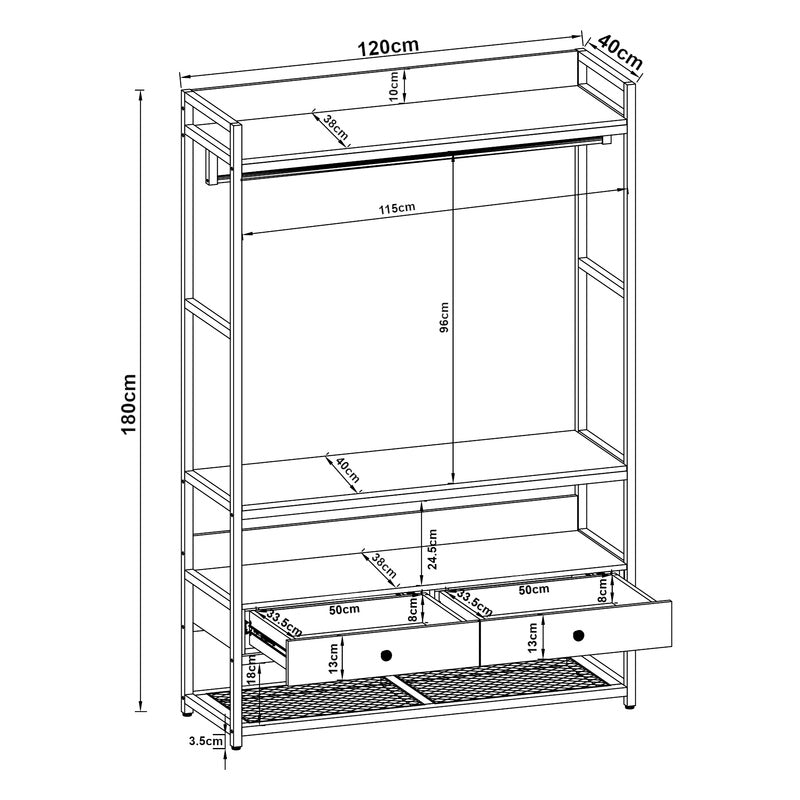 Garderobestand – Kledingrek – Kapstok – Schoenenrek – Opbergmeubel – Metalen Frame – Walnoot Look – 4 Planken – 2 Lades – 180x120x40 cm