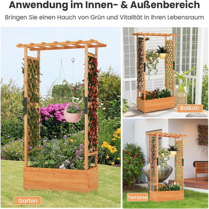 Houten Plantenbak – Verhoogde Tuinbak – Bloembak – Kruidenbak – Klimplantenbak – Met Klimhulp en Hangdak – Stevig Dennenhout – Waterafstotend Oranje 110x44x182 cm