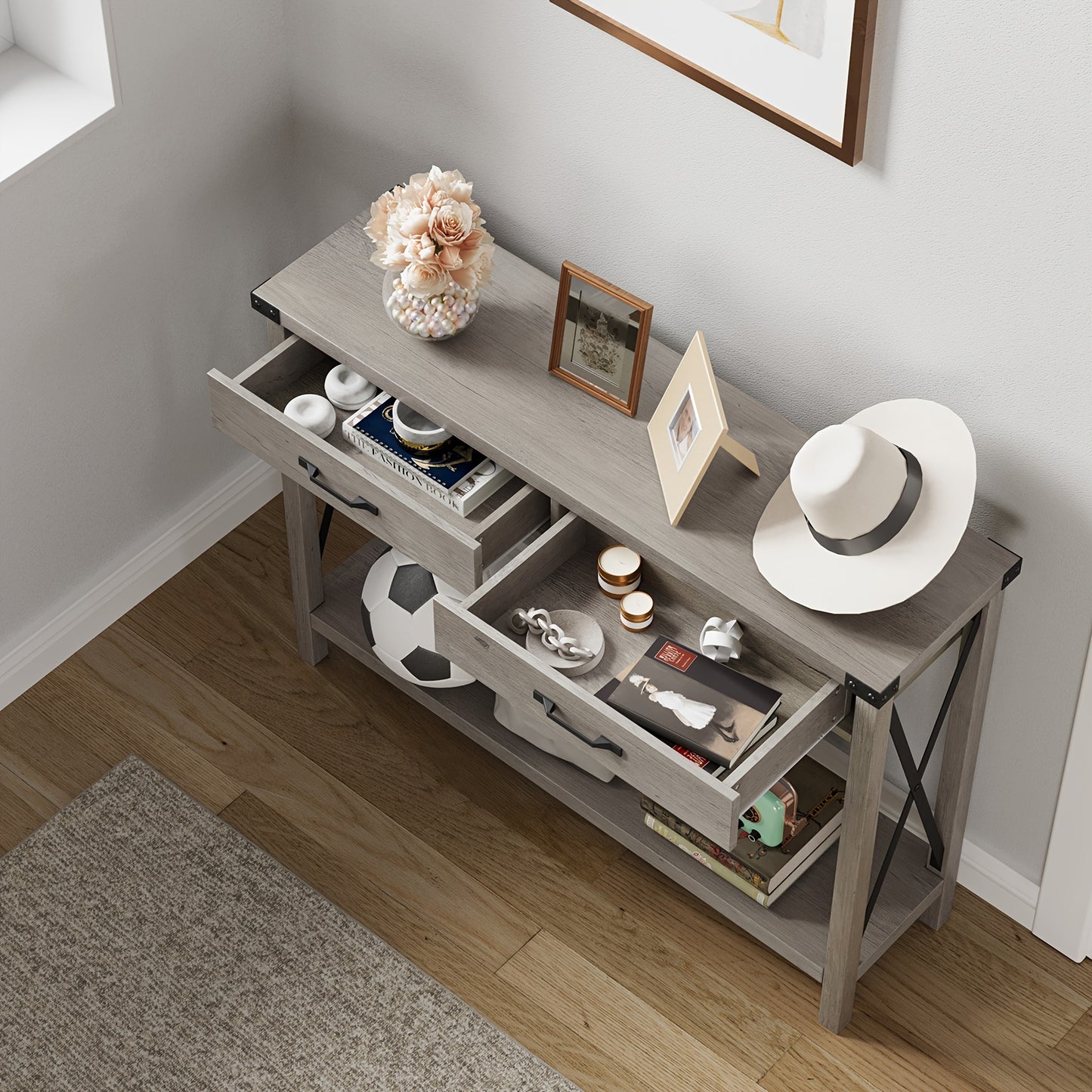 Farmhouse Sidetable – Wandtafel – Halmeubel – Sofa Tafel – Console Tafel – 2 Lades – Stevig MDF & Metalen Frame – Compact & Ruimtebesparend – Grijs