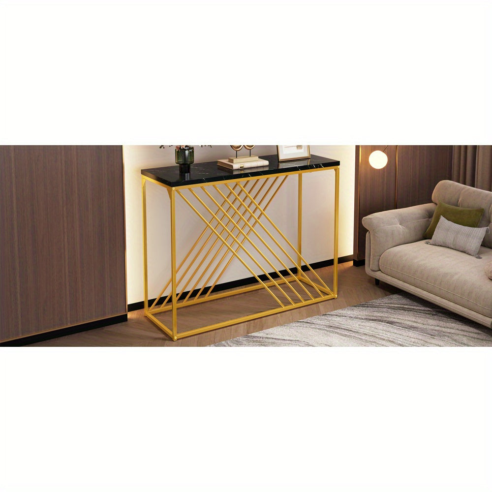 Sidetable – Consoletafel – Wandtafel – Haltafel – Bijzettafel – Modern Zwart Metaal – Gouden Poten – MDF Hoogglans – 100x35x77 cm – Eenvoudige Montage