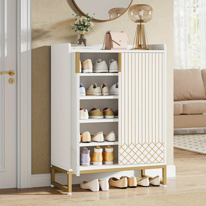 Witte Schoenenkast – Schoenenrek – Schoenopberger – Schoenenkast – Schoenplank – 5-Lagen Voor 25 Pairs – Ruimtebesparend Verticaal Ontwerp Met Gouden Scharnieren