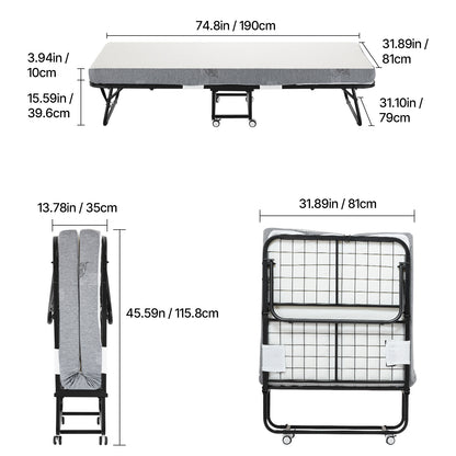 Inklapbaar Logeerbed – Vouwbed – Opklapbed – Campingbed – Gastbed – Comfortabel 4 cm Schuimmatras – Mobiel Met Wieltjes – Wit