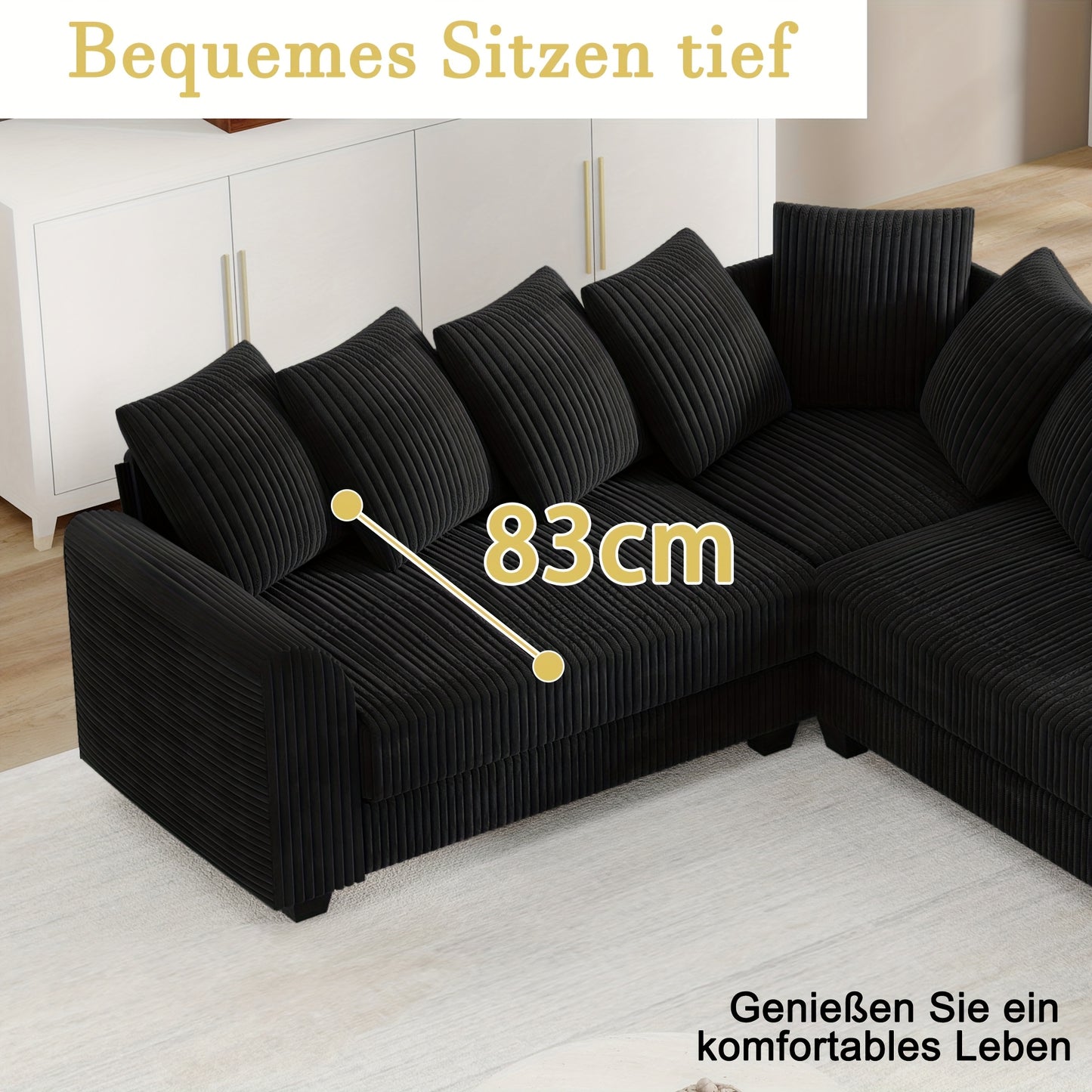 Hoekbank L-Vorm – Hoekbank Modulair – Loungebank – Sectiebank – Zwarte Corduroy Stoffering – Plush Schuim Kussens – Multifunctioneel Design