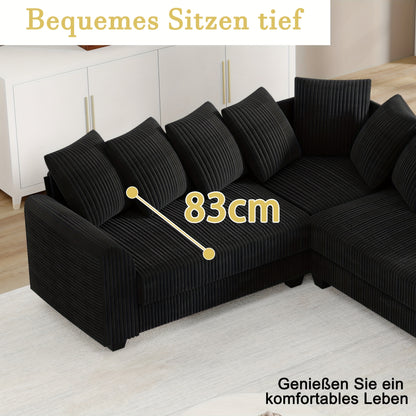 Hoekbank L-Vorm – Hoekbank Modulair – Loungebank – Sectiebank – Zwarte Corduroy Stoffering – Plush Schuim Kussens – Multifunctioneel Design