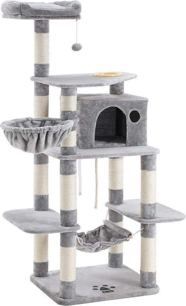 Stevige krabpaal met kattenbak, met sisal omwikkelde krabpunten, mand en grot, klimboom voor katten 164 cm hoog, lichtgrijs PCT99W