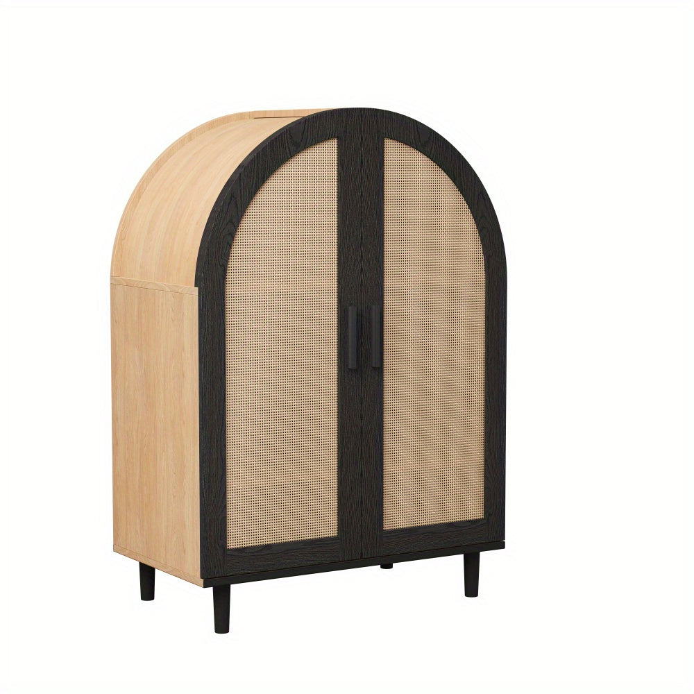 Schoenenkast – Schoenenrek – Halmeubel – Schoenenopberger – Schoenenkast – Natuurlijk Kleur & Zwart – 3 Planken – Ademend Rattan Deurtjes