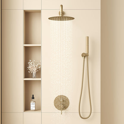 Shower System 30.48 cm Round Rainfall Showerhead Wall Mounted High Pressure Shower Faucet Set Fixture Combo with Cylindrical Handheld Spray, Round Rain Shower Head, Brushed Golden, Bathroom Upgrade, Sleek Bathroom Fixture, Co
