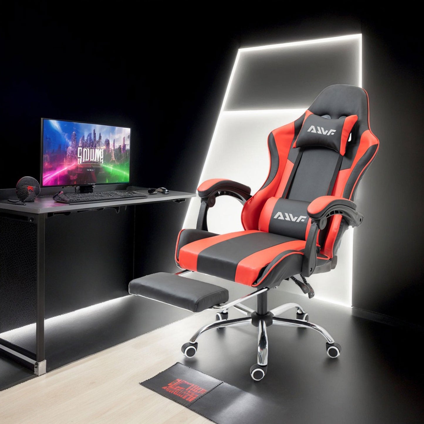 Gaming Bureaustoel – Ergonomische Stoel – Bureaustoel – Kantoorstoel – Gamestoel – Verstelbare Rugleuning – Ingebouwde Lendensteun – Met Voetensteun – 360° Draaibaar – Kunstleren Bekleding – Memory Foam Zitting – Rood