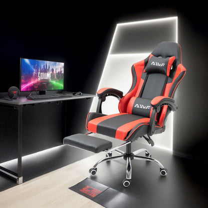 Gaming Bureaustoel – Ergonomische Stoel – Bureaustoel – Kantoorstoel – Gamestoel – Verstelbare Rugleuning – Ingebouwde Lendensteun – Met Voetensteun – 360° Draaibaar – Kunstleren Bekleding – Memory Foam Zitting – Rood