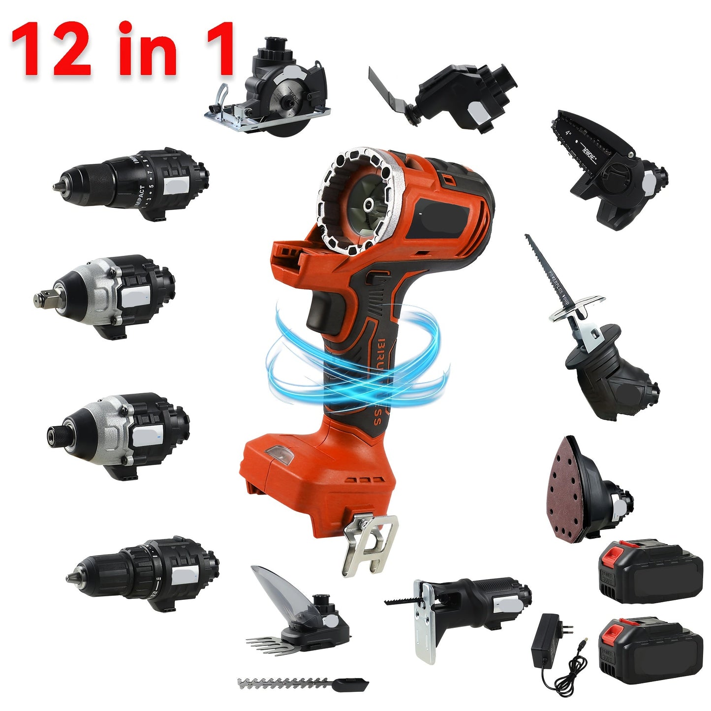 Multitool – Elektrisch Multigereedschap – Accu Zaag – Oscillerende Tool – Draadloze Boormachine – 12-in-1 – 18V Borstelloze Motor – LED Werklicht – Rood - QUORE