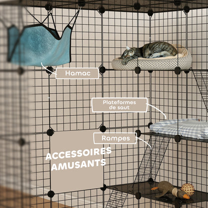 Modulaire Binnenren – Konijnenren – Kleine Dierenkooi – Binnenkooi – Huisdierenren – Zwart Metalen Draadwerk – 4 Niveaus en 1,1 m² Speelruimte