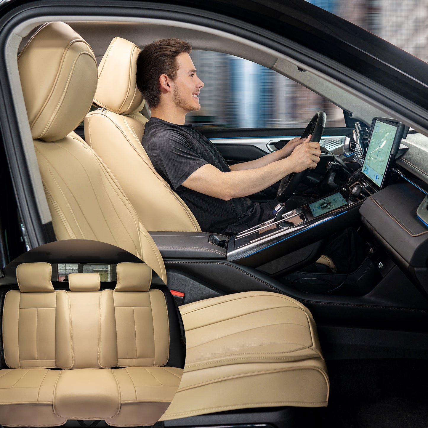 Universele Autostoelhoezen – Stoelhoes Auto – Autostoelbekleding – Autostoel Cover – Stoelhoes Set – Airbagvriendelijk – Dik Kunstleer Beige