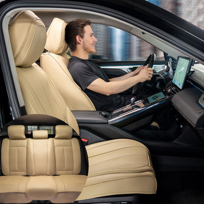 Universele Autostoelhoezen – Stoelhoes Auto – Autostoelbekleding – Autostoel Cover – Stoelhoes Set – Airbagvriendelijk – Dik Kunstleer Beige