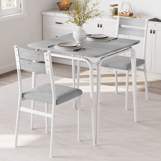 3-delige Eethoek – Eettafel Set – Bistro Set – Eetkamer Set – Tafel en Stoelen – Wit – Compact Formaat – Massief Houten Blad en Metaal