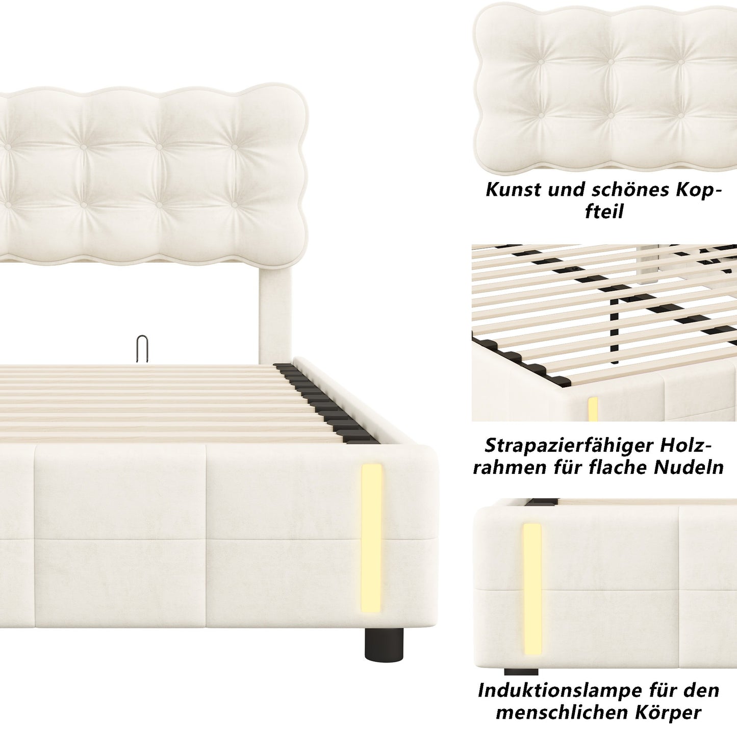 Gestoffeerd Bed – Opbergbed – Tweepersoonsbed – Bedframe – Hydraulisch Opbergbed – 140x200 cm – Fluweel Beige – Met Opbergruimte Onder Bed