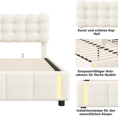 Gestoffeerd Bed – Opbergbed – Tweepersoonsbed – Bedframe – Hydraulisch Opbergbed – 140x200 cm – Fluweel Beige – Met Opbergruimte Onder Bed