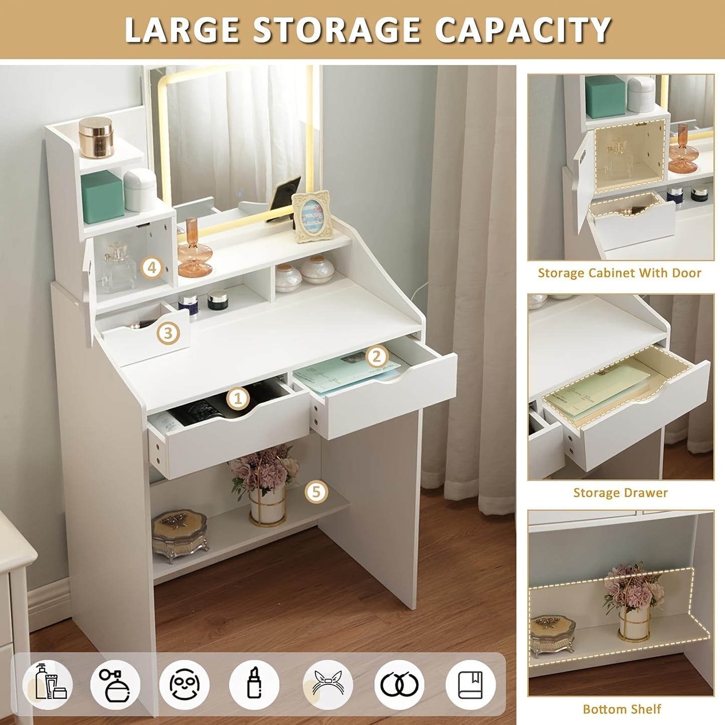 Make-up Tafel – Schminktafel – Kaptafel – Dressingspiegel – Vanity Desk – Wit MDF – 2 Lades en Open Planken – Compact en Stevig Design