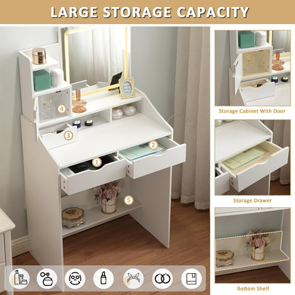 Make-up Tafel – Schminktafel – Kaptafel – Dressingspiegel – Vanity Desk – Wit MDF – 2 Lades en Open Planken – Compact en Stevig Design