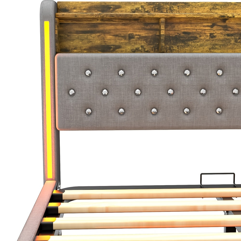 Modern Upholstered Double Bed Frame with Hydraulic Storage & LED Headboard - Lift-Up Platform Bed Suitable for Small Spaces, Grey Bed 140x200cm, Easy Assembly (No Mattress Included)