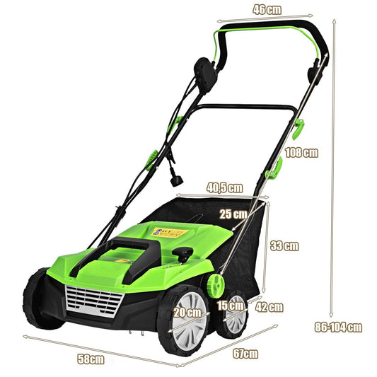 Elektrische Grasmaaier – Grasaerator – Beluchter – Verticuteermachine – Grasverzorging – 1800W Motor – 45L Verzamelbak – Groen – 38 Cm Werkbreedte
