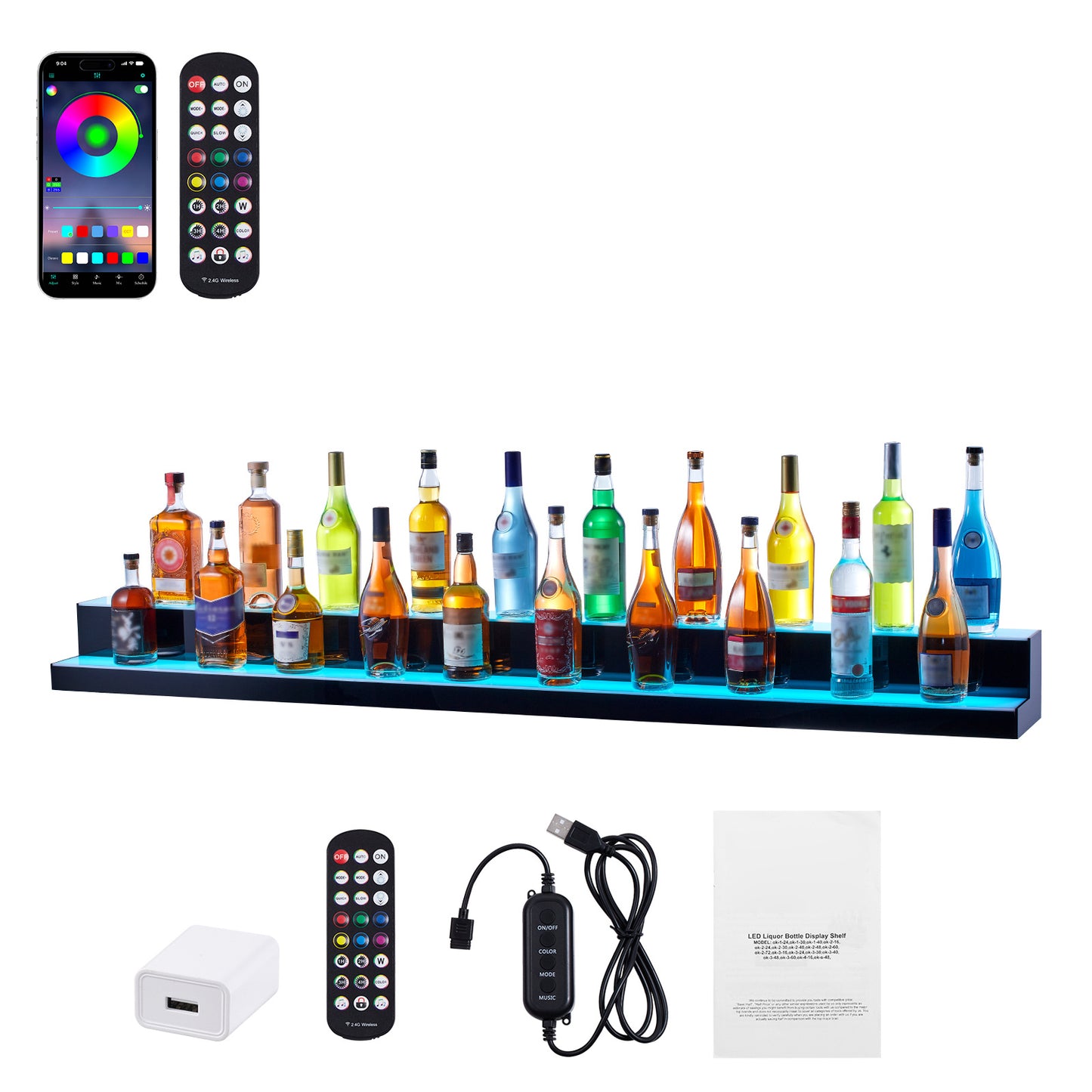 Verlichte Flesdisplay – LED Flessenrek – Acryl Barrek – Bar Display – Drankrek – 182,8 cm – Afstandsbediening – USB & Stopcontact