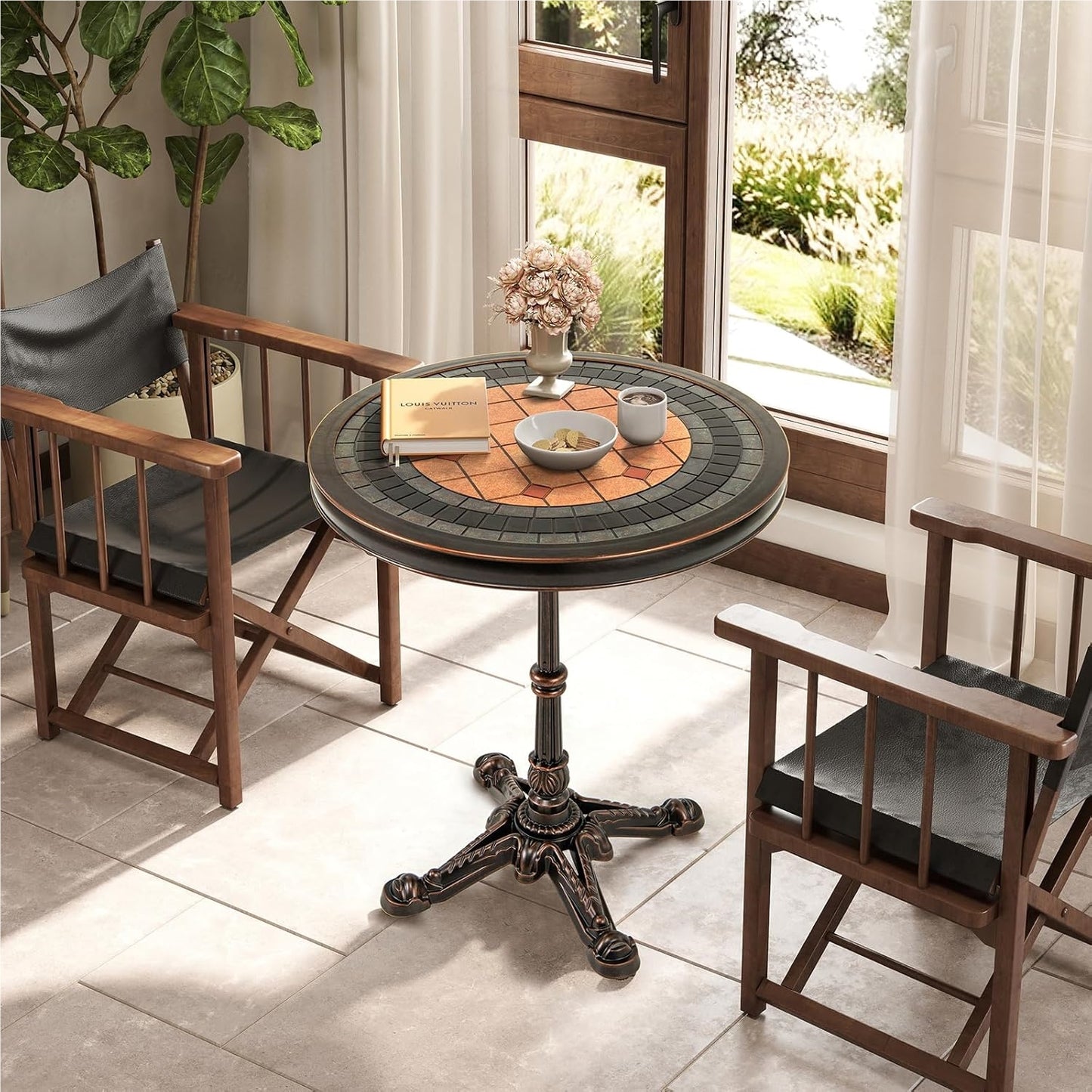 Ronde Tuin Tafel – Balkon Tafel – Buiten Tafel – Patio Tafel – Vintage Aluminium – Gietaluminium Materiaal – Leisteen Patchwork Design – 60,5 cm Diameter