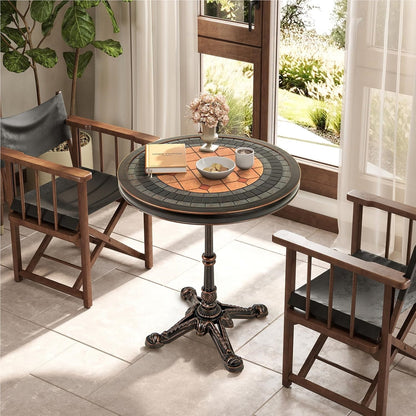 Ronde Tuin Tafel – Balkon Tafel – Buiten Tafel – Patio Tafel – Vintage Aluminium – Gietaluminium Materiaal – Leisteen Patchwork Design – 60,5 cm Diameter