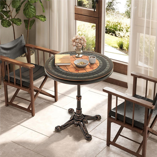 Ronde Tuin Tafel – Balkon Tafel – Buiten Tafel – Patio Tafel – Vintage Aluminium – Gietaluminium Materiaal – Leisteen Patchwork Design – 60,5 cm Diameter