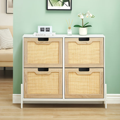 Rattan Schoenenkast – Schoenopbergkast – Schoenrek – Schoenkast – Entrée Meubel – 4 Kleppen – Hardhouten Constructie – Verstelbare Planken – Wit + Eiken Kleur