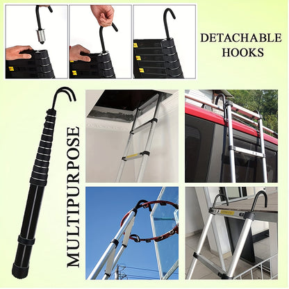 6.2m Telescopic Ladder Come Wiht Removable Hook Kit, Aluminium Black Portable Multi-Purpose Folding Extension Ladders for Outdoor & Indoor Builder DIY, Easy Carry