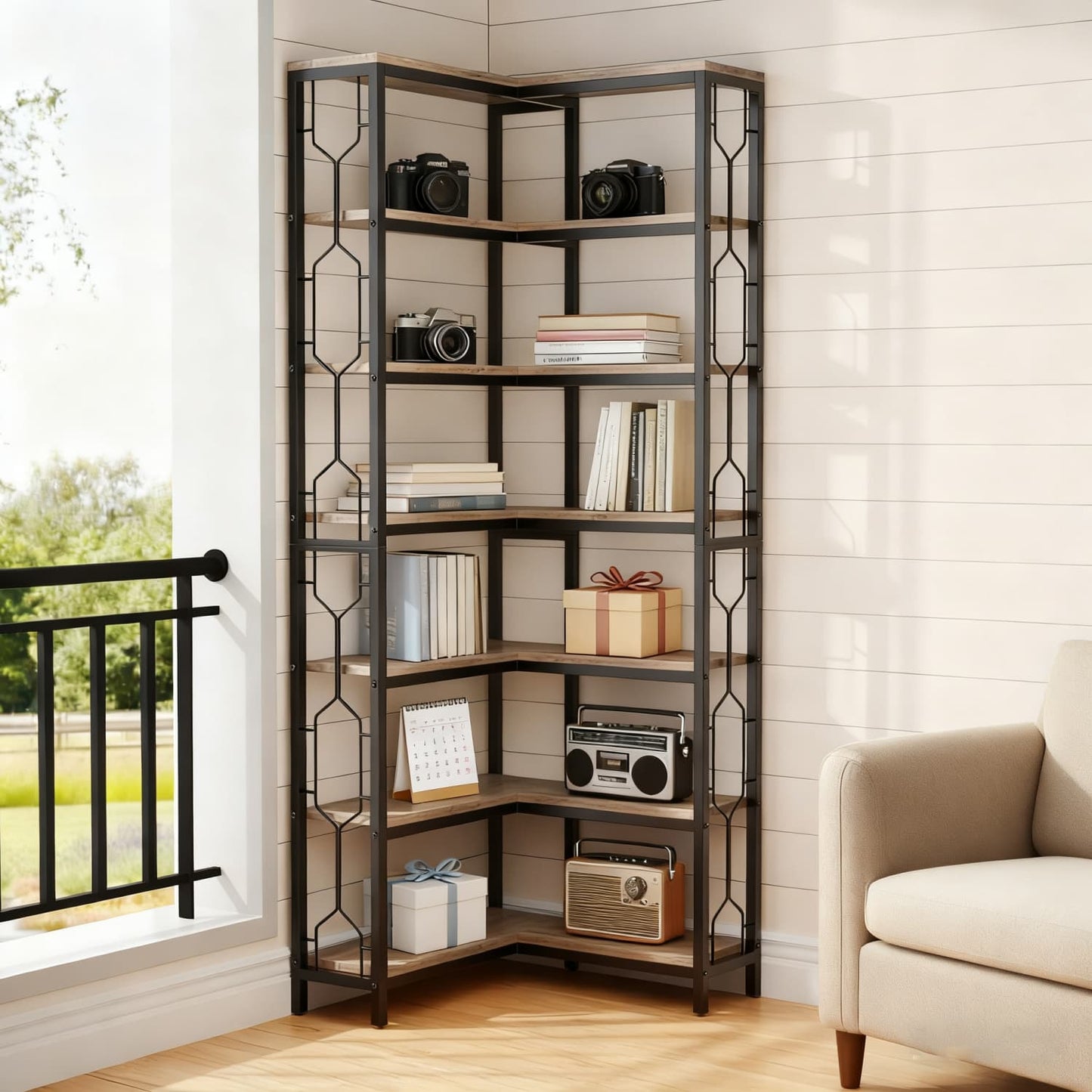 Hoekboekenkast – Hoekrek – Opbergkast – Boekplank – Wandmeubel – Industrieel Design – 7 Lagen Met L-vormige Reling – Hout & Metaal – Draagvermogen 50 kg – Grijs