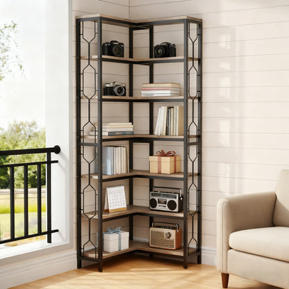 Hoekboekenkast – Hoekrek – Opbergkast – Boekplank – Wandmeubel – Industrieel Design – 7 Lagen Met L-vormige Reling – Hout & Metaal – Draagvermogen 50 kg – Grijs